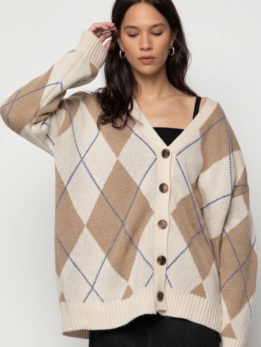 Oak + Fort Oversized Argyle Cardigan in Brown & Cream -